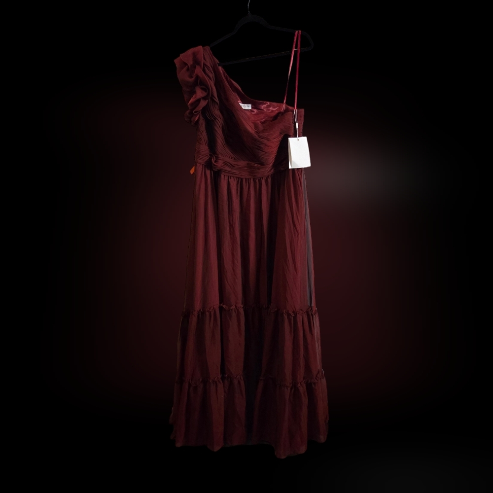 NWT Mac Duggal ORGANZA ONE SHOULDER PLEATED GOWN WINE RED 67878 - Picture 8 of 8